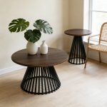 Modern living room coffee table with walnut wood top and pine wood base