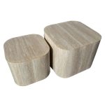 Light beige veined travertine look nested side tables, MDF with stone-effect paper wrap, pair of contemporary accent tables